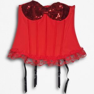 Size Large Red Bow Sequin Corset w/ Garter Clasps NWT